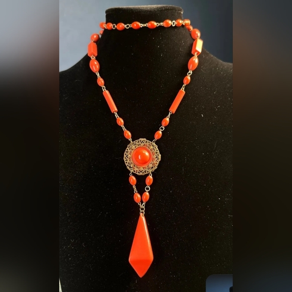 Antique Vintage 1920s Art Deco Coral Celluloid Flapper Necklace - Picture 2 of 9